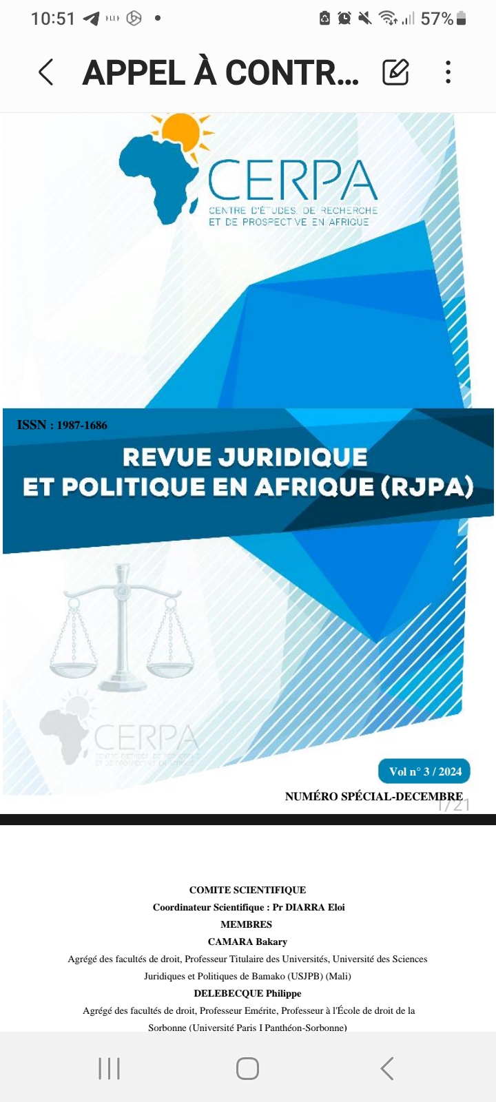 Chers lecteurs, Nous sommes ravis de vous présenter le premier numéro spécial sur les droits humains, de la Revue Juridique et Politique en Afrique (RJPA) pour le mois de juin 2024. Ce numéro est riche en analyses et réflexions sur des thématiques variées, abordées par des experts reconnus dans les domaines juridique et politique. Cliquez sur ce lien pour lire le document : https://drive.google.com/file/d/1GXURjA2kf91xyexouDLP26JXubFgxJVJ/view?usp=sharing Nous espérons que ce numéro spécial saura susciter votre intérêt et enrichir vos connaissances sur les questions juridiques et politiques contemporaines en Afrique. Nous vous invitons à lire ces articles et à partager vos réflexions avec nous. Bonne lecture à tous! Cordialement, L'équipe éditoriale de la RJPA-CERPA